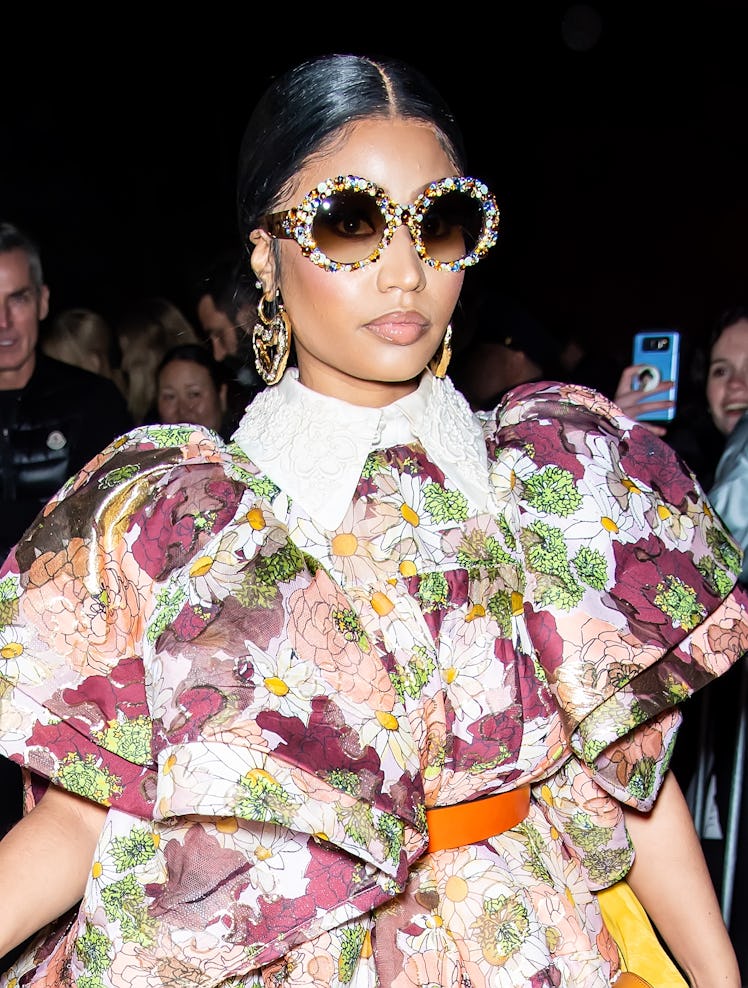 Nicki Minaj rocks a floral dress.
