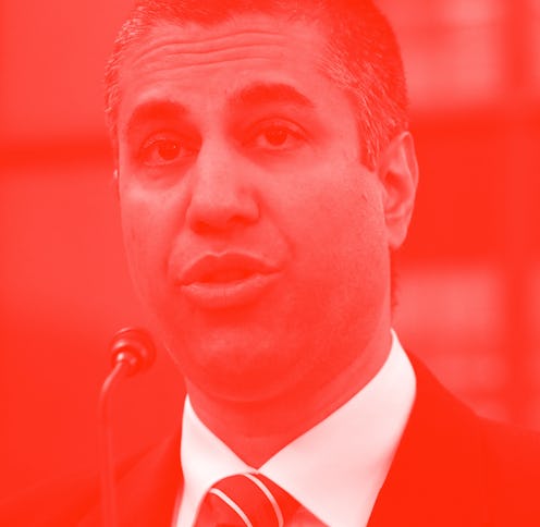 The chairman of the Federal Communications Commision, Ajit Pai, is seen mid-speech.