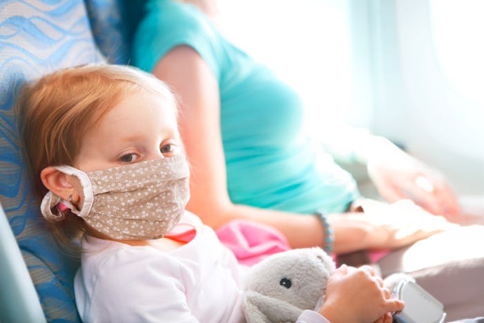 girl on airplane with face mask