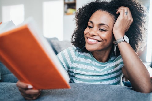 woman, happy, reading
