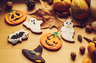 Beautifully-decorated Halloween cookies are placed on a kitchen counter next to pumpkins and Hallowe...