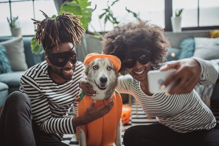 A young Black couple takes a selfie with their dressed-up dog on Halloween.