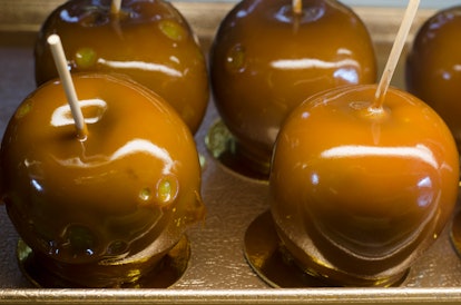 Onions disguised as caramel apples make an easy Halloween prank.