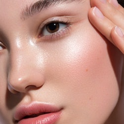 A close-up of a woman's face who uses skin care products with ceramides