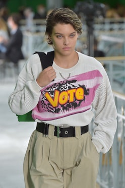 A model wearing clothing from the Louis Vuitton's Spring 2021 women's collection