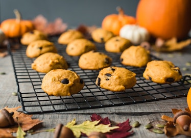 A batch of pumpkin spice cookies with chocolate chips sit on a rack, surrounded by leaves and pumpki...