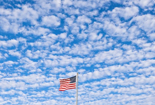 american flag, sky, clouds