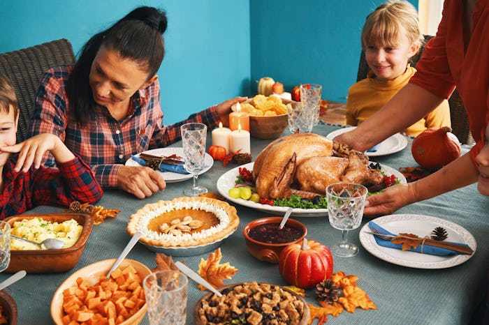 a family having thanksgiving dinner