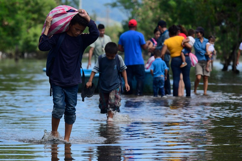 Survivors of Hurricane Eta move supplies across flooded regions.