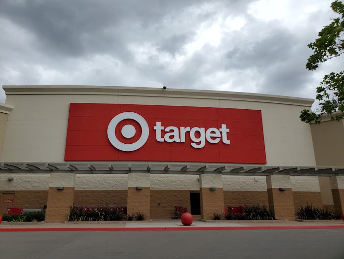 The front entrance to a Target with the logo of the store on top