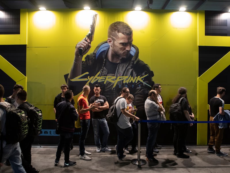 Lines of people at a Cyberpunk 2077 demo event.