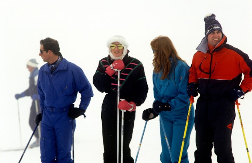 Princes Andrew and Charles ski with their wives in 1987.