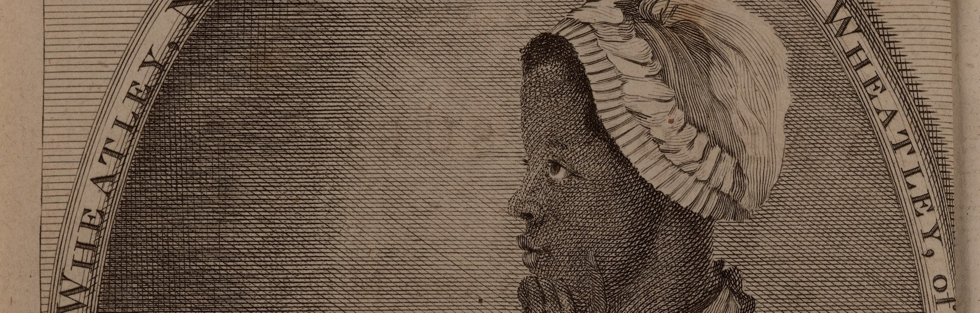 Phillis Wheatley portrait in profile, seated writing and looking off into the distance.