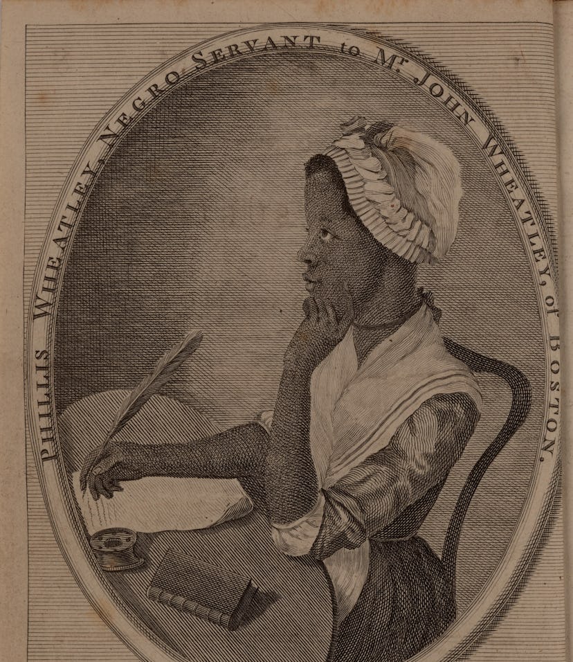 Phillis Wheatley portrait in profile, seated writing and looking off into the distance.