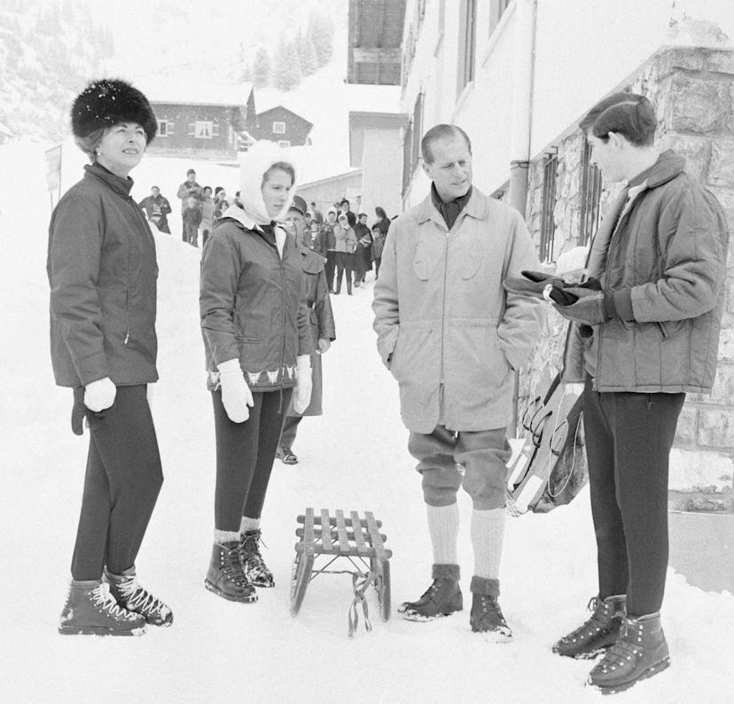 Prince Philip skis with Princess Anne and Prince Charles in Lichtenstein, 1965.