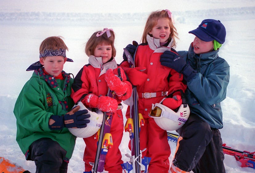 Princes Harry and William pose with Princesses Eugenie and Beatrice on a ski holiday in 1995.