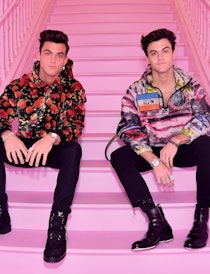 The Dolan Twins from YouTube sit on a pink staircase. 