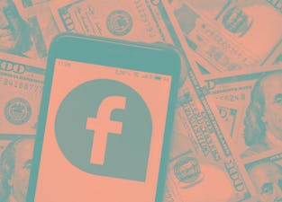 Facebook icon on a phone over a pile of money, representing a class action settlement payout.