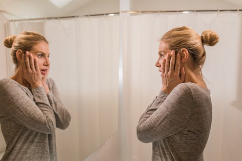 woman, shocked, mirror