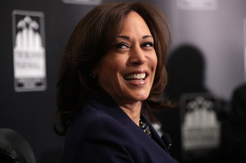 Full-profiled Kamala Harris smiling