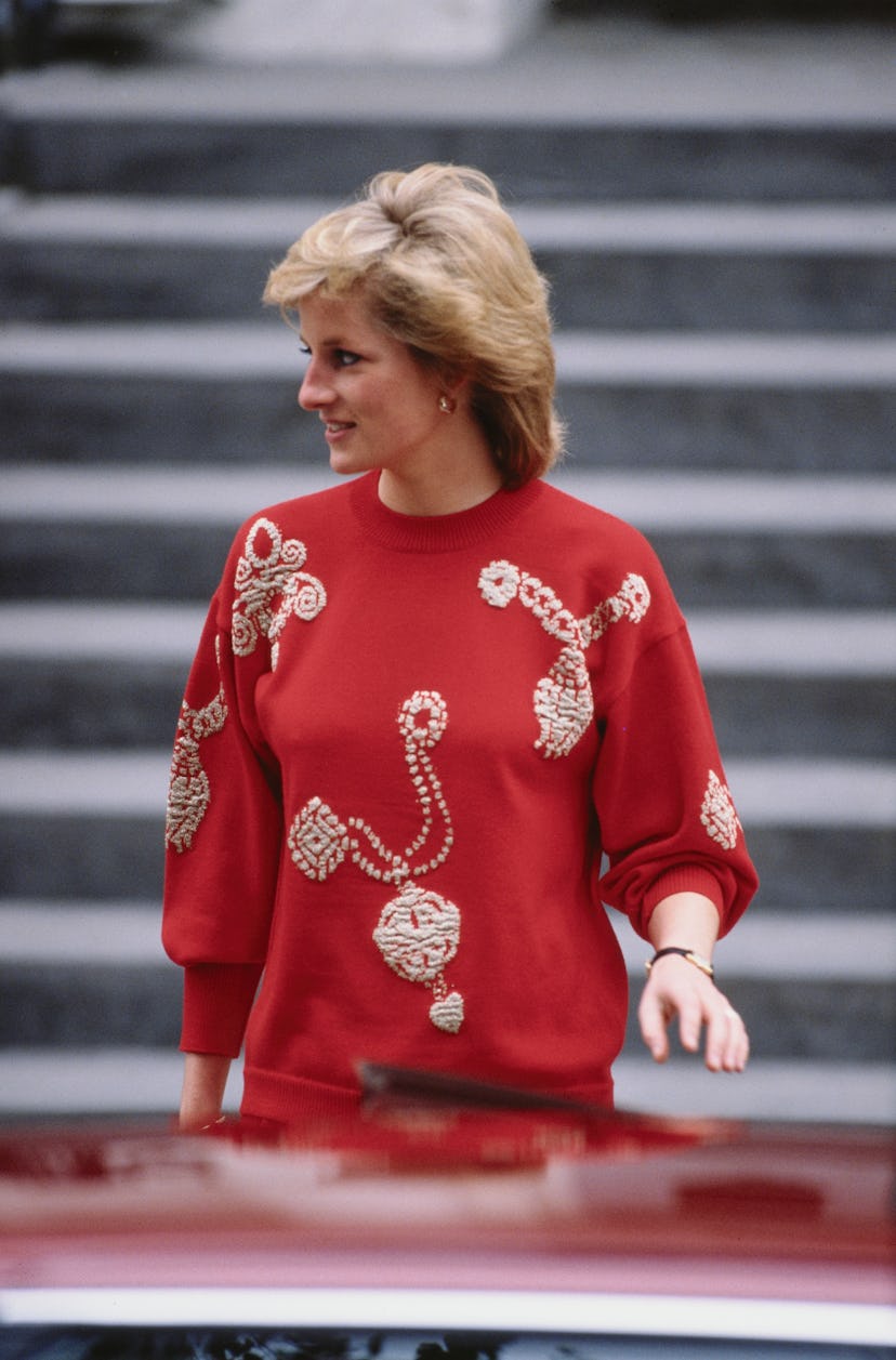 Princess Diana wearing a holiday sweater.