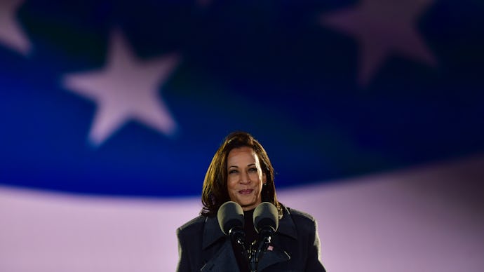 Kamala Harris, the first woman and first POC elected to the vice presidency during a speech