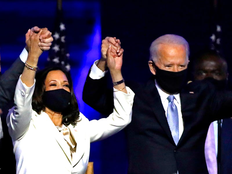 Joe Biden and Kamala Harris declaring victory.
