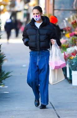 Katie Holmes Wore Corduroy Pants With a Navy Blue Puffer Coat