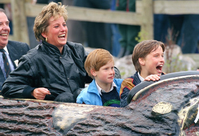 Prince William laughing it up at Thorpe Park with his mom and brother, 1991.