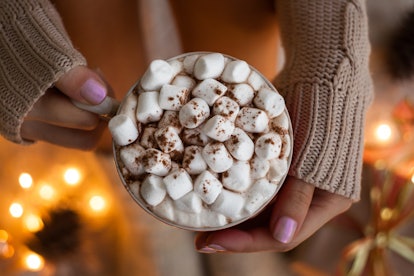 A woman's hands hold up a big mug of hot chocolate with marshmallows.