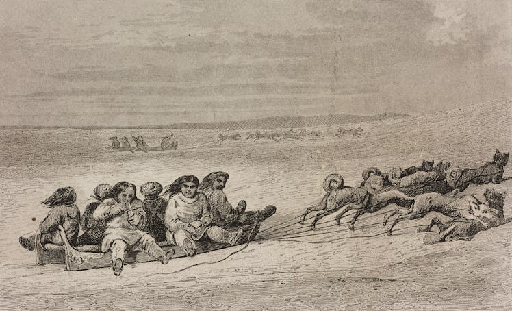 This engraving, from 1840, reflects the tight relationship between Arctic peoples and dogs. 