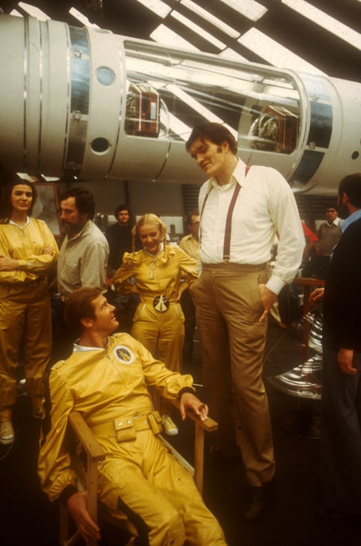 The cast of Moonraker backstage, including Richard Kiel and Roger Moore