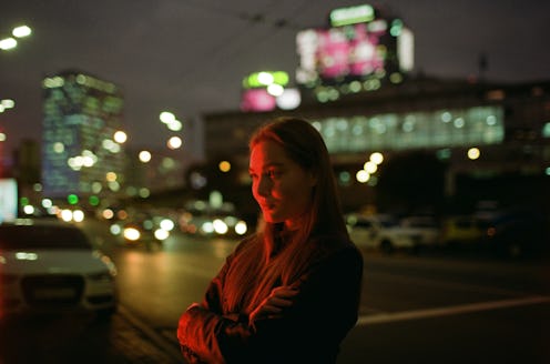 city, night time, woman