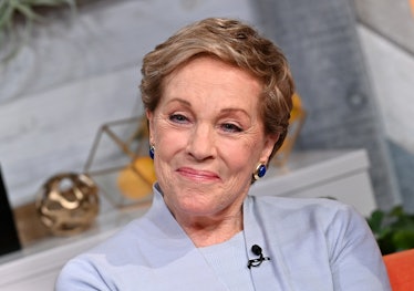 Julie Andrews smiles while sitting in a chair on a talk show. 