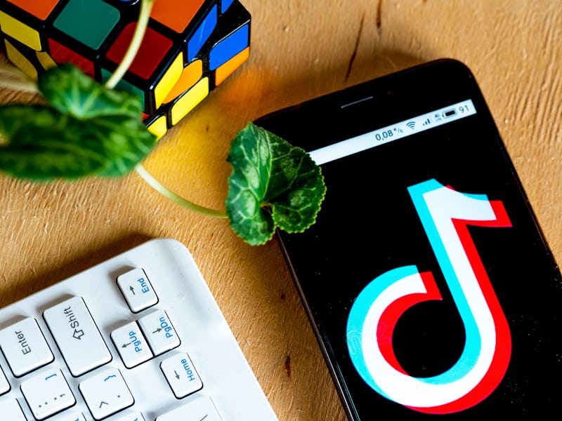 A phone displays a large TikTok icon on a desk with a houseplant, a rubics cube, and a keyboard. TikTok has some helpful productivity hacks that can help you get more work done.