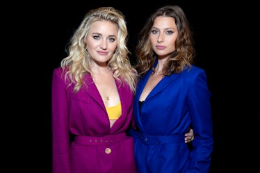 Aly & AJ wear colorful suits.