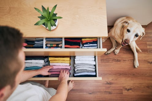 A person arranges their clothing drawers while their dog looks on. TikTok has some useful home organ...