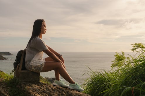 woman, beach, pondering