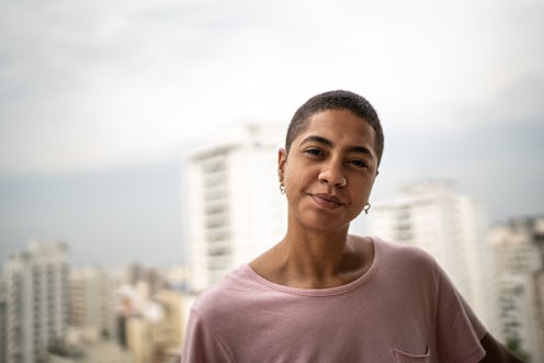 woman, city skyline