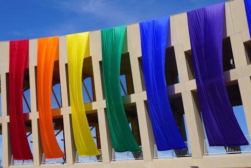 A rainbow flag hangs on a monument in Salt Lake City, Utah. Utah is one of the most conservative sta...