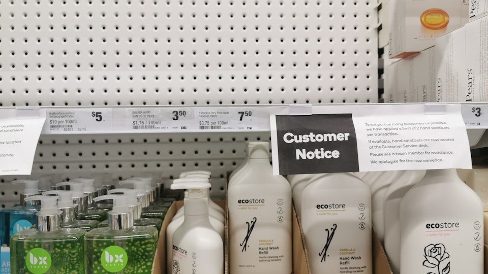 empty shelves, sold out hand sanitizer