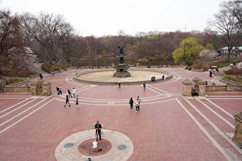 A city park with some groups of people. People who have no symptoms and are doing social distancing ...