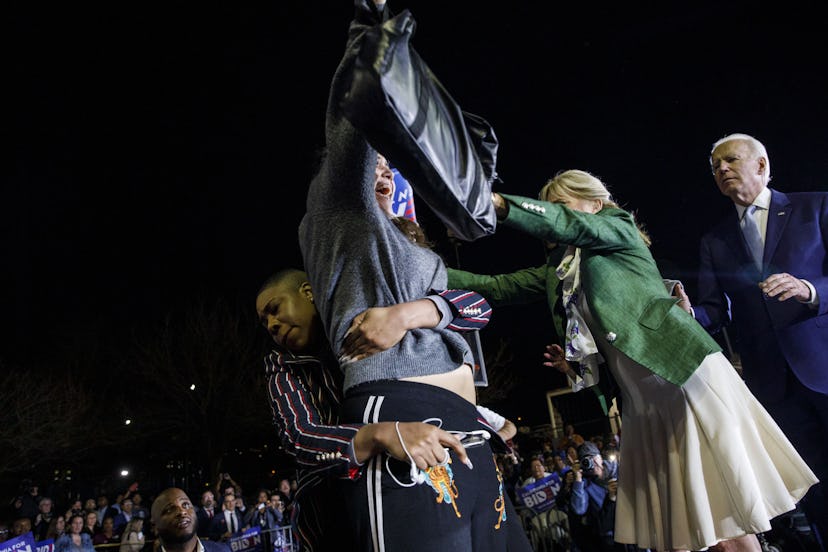 Jill Biden sprang into action when a protester came on stage at her husband's rally.