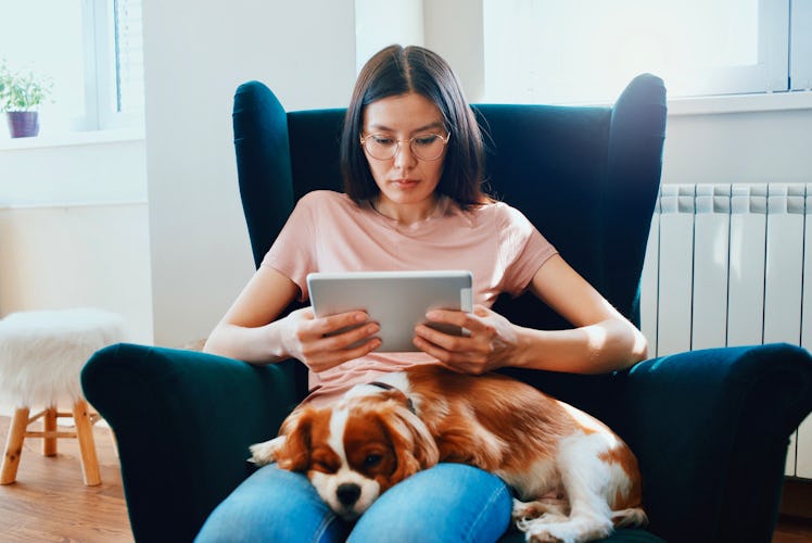 A young woman sits in a chair with her dog on her lap and uses her iPad.