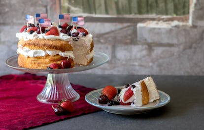 Summer cake topped with fruit and whipped cream is an easy dessert to bake for beginners.