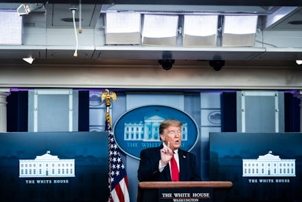 Donald Trump during a speech where he claims 'total' authority in his longest and angriest coronavir...