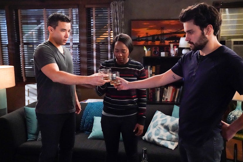 Conrad Ricamora, Aja Naomi King, and Jack Falahee as Oliver, Michaela, and Connor on 'HTGAWM'