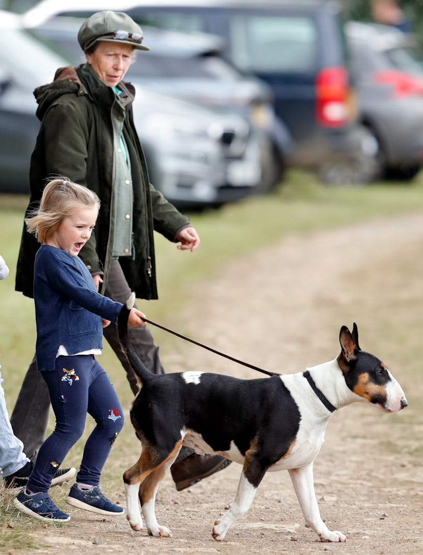 Princess Anne takes her granddaughter out to walk the dog.