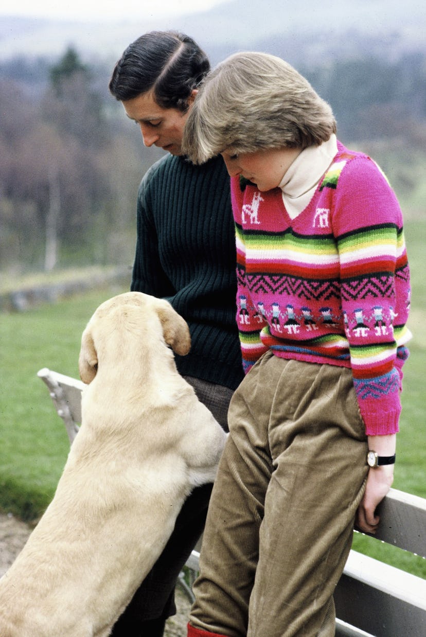 Princess Diana with Prince Charles and a dog.