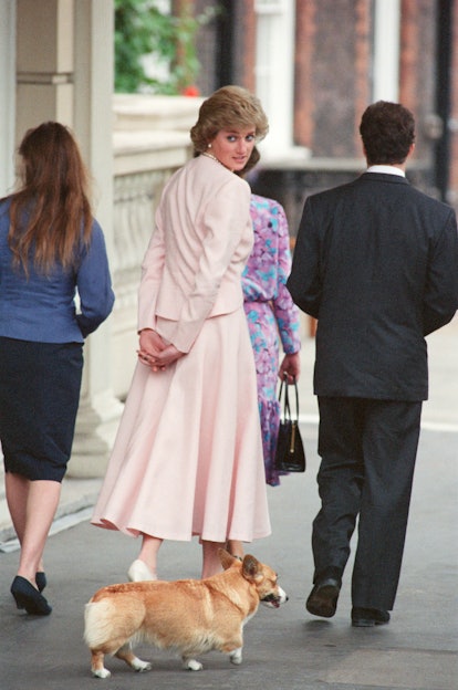 Princess Diana walks just slightly ahead of the corgi.